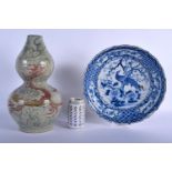 A CHINESE DOUBLE GOURD STONEWARE VASE together with a blue and dish. Vase 37 cm high. (2)