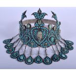 A RARE EARLY 20TH CENTURY MIDDLE EASTERN TURQUOISE AND SILVER TIARA with pear shaped hanging droplet