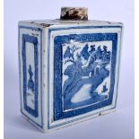 AN 18TH CENTURY CHINESE BLUE AND WHITE PORCELAIN TEA CADDY Yongzheng/Qianlong, painted with landscap