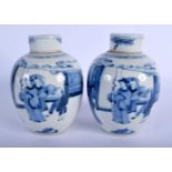 A PAIR OF 17TH/18TH CENTURY CHINESE BLUE AND WHITE PORCELAIN JARS AND COVERS Kangxi/Yongzheng, paint