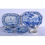 TWO 19TH CENTURY ENGLISH STAFFORDSHIRE BLUE AND WHITE PLATTERS together with a pearl broth pot, a Mi