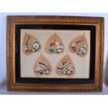 A SET OF FIVE 19TH CENTURY CHINESE PAINTED LEAVES painted with birds and foliage. Each leaf 18 cm x