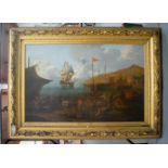 Continental School (18th/19th Century) Oil on canvas, Ottoman Coastal battle scene, Ships bearing th