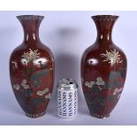 A LARGE PAIR OF EARLY 20TH CENTURY JAPANESE MEIJI PERIOD CLOISONNE ENAMEL VASES decorated with flowe