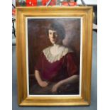 British School (C1920) Oil on canvas, Figure in a Claret blouse. Image 76 cm x 48 cm.
