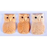 THREE CONTINENTAL BONE OWLS. 4 cm x 3 cm. (3)