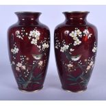 A PAIR OF JAPANESE TAISHO PERIOD CLOISONNE ENAMEL VASES decorated with birds and foliage. 19.5 cm hi
