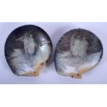 A PAIR OF 19TH CENTURY EUROPEAN CARVED MOTHER OF PEARL SHELLS decorated with a fisher man and fisher