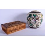 A LARGE 19TH CENTURY CHINESE FAMILLE VERTE CRACKLE GLAZED JAR Qing, together with a casket. Largest