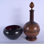 A LARGE ANTIQUE TREEN VASE AND COVER together with a vintage bowl. Largest 34 cm high. (2)