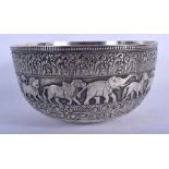 A LOVELY 19TH CENTURY INDIAN SILVER EMBOSSED BUDDHISTIC BOWL. 616 grams. 19 cm x 10 cm.