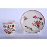 18th c. Bow coffee cup and uncommon saucer painted with flowers under a dot and loop border c.1758-