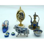 A Miscellaneous group including a Delft dog, enamelled Ewer, glass pendants etc (9).