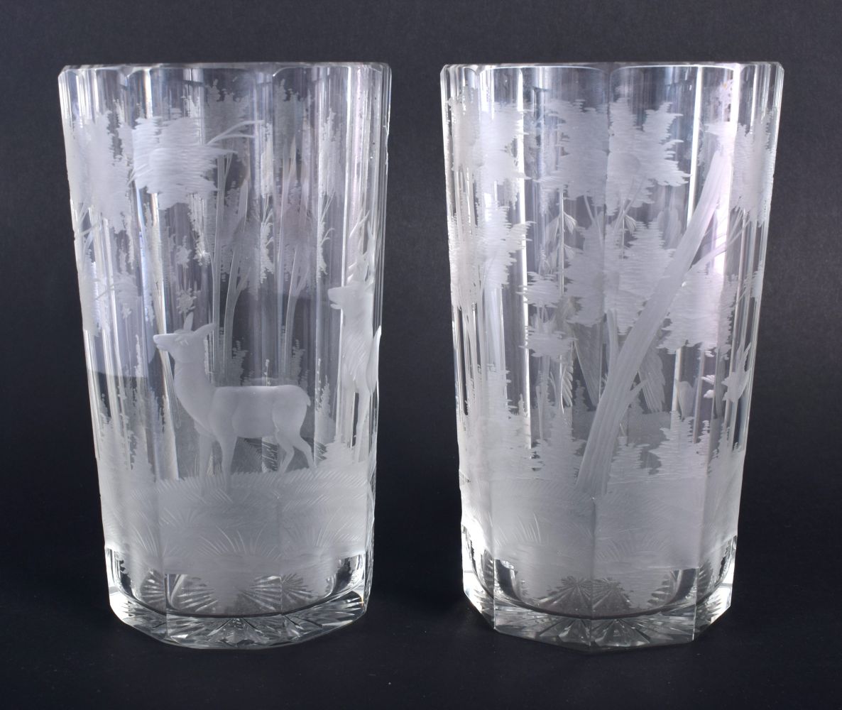 A PAIR OF BOHEMIAN ENGRAVED GLASSES decorated with birds and landscapes. 15 cm high. - Image 2 of 2