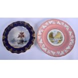 Royal Crown Derby fine scalloped edge plate painted in colour with a ship at anchor and a castle in
