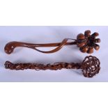 TWO LARGE CHINESE CARVED BOXWOOD RUI SCEPTRES 20th Century. Largest 35 cm long. (2)