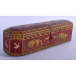 A LARGE INDO PERSIAN LACQUERED WOOD PEN BOX painted with figures on horse back. 33 cm x 10 cm.