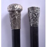 TWO 19TH CENTURY CHINESE EXPORT SILVER AND HARDWOOD CANES. 90 cm long. (2)