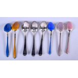 EIGHT VINTAGE SILVER AND ENAMEL SPOONS. 39 grams. 10 cm long. (8)