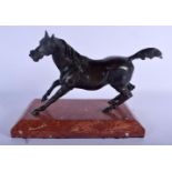 A CONTEMPORARY BRONZE FIGURE OF A HORSE upon a red marble plinth. 22 cm x 18 cm.