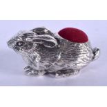 A SILVER HARE PIN CUSHION. 31 grams. 5 cm x 2.5 cm.