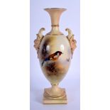 Royal Worcester fine and rare two handled vase painted with a goldfinch by E. Baker, signed, date ma