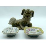 A collection of Chinese items Porcelain Foo dog, Famille Rose dish and another dish (3).