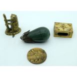An antique papermache vesta together with a brass bear match striker, polished stone pear etc