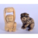 AN EARLY 20TH CENTURY JAPANESE MEIJI PERIOD CARVED IVORY NETSUKE together with another netsuke. Larg