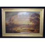 19th C Framed oil on canvas depicting a river estuary. 48 x 76cm.