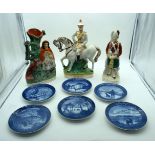 A collection of Staffordshire flatback figures and six Copenhagen plates etc (9) .