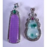 TWO SILVER AND JADE PENDANTS. 24 grams. Largest 5.5 cm. (2)