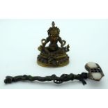 A Chinese bronze Ruyi sceptre together with a Chinese Tibetan bronze Buddha 27cm (2).