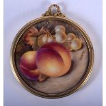 A FRUIT PAINTED ENGLISH PORCELAIN PLAQUE painted in the manner of Worcester by N Creed. 7.5 cm diame