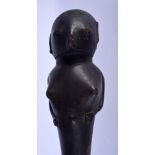 AN ANTIQUE AFRICAN CARVED HARDWOOD TRIBAL FERTILITY SCEPTRE with figural terminal. 42 cm long.