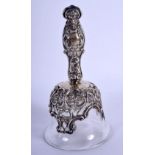 A RARE ANTIQUE SILVER AND GLASS BELL by William Comyns. 116 grams overall. 14 cm high.