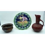 A Malin ware plate together with treacle glazed pot and a Lear jug 28cm (3)