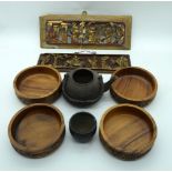 Miscellaneous collection of South East Asian items, Bowls, Tibetan plaques ,Japanese Tea pot etc 35c