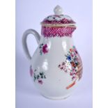 AN 18TH CENTURY CHINESE EXPORT SPARROW BEAK PORCELAIN JUG AND COVER Qianlong, painted with flowers.