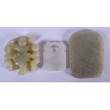 THREE CHINESE CARVED JADE PLAQUES 20th Century. Largest 7 cm x 4 cm. (3)