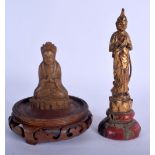 AN 18TH/19TH CENTURY CHINESE GILTWOOD BUDDHA together with a smaller soapstone buddha. Largest 13 cm