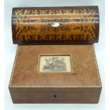 An Burr oak box with a tapestry insert together with another mahogany pearl inlaid box .