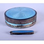 AN ART DECO EUROPEAN SILVER AND ENAMEL BOX together with a similar knife. 78 grams. Largest 5.5 cm d