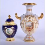 Late 19th c. Coalport vase painted with a landscape on a light blue and cream jewelled ground and a
