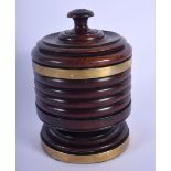 AN ANTIQUE TREEN STRING BOX AND COVER with brass banding. 16 cm x 8 cm.