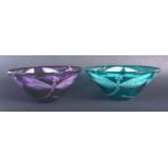 A PAIR OF CONTEMPORARY ART GLASS DRAGONFLY BOWLS. 13 cm diameter.