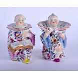 A VERY RARE PAIR OF 19TH CENTURY MEISSEN PORCELAIN DESK SANDER AND INKWELL modelled as seated figure