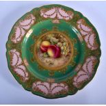 Royal Worcester green ground with pink panels plate painted with plums and grape by H. Ayrton, signe