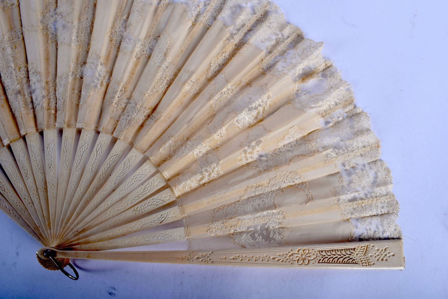 TWO ANTIQUE IVORY FANS and a candlestick. Largest 40 cm extended. (3) - Image 7 of 12
