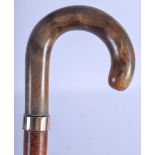 A 19TH CENTURY GOLD MOUNTED CONTINENTAL CARVED RHINOCEROS HORN HANDLED WALKING CANE. 88 cm long.
